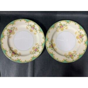 1930s Noritake Tiffany M Dessert Plates 7.5” Gold Trim Ivory Aqua Beige 2 PC HTF